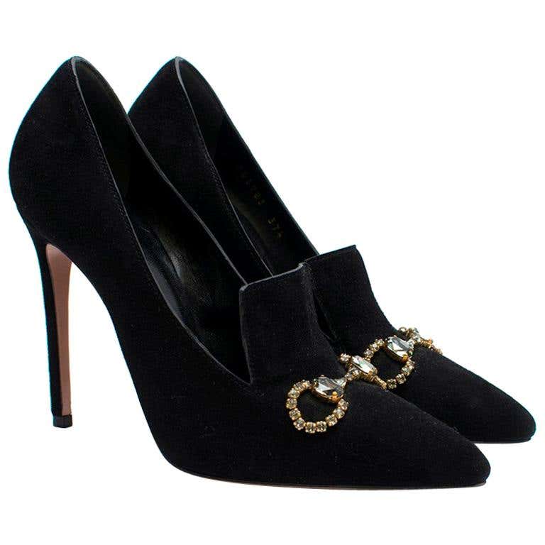 Gucci Black Suede Embellished Heeled Loafers US 7.5 at 1stDibs | black heeled loafers