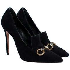 Gucci Black Suede Embellished Heeled Loafers US 7.5