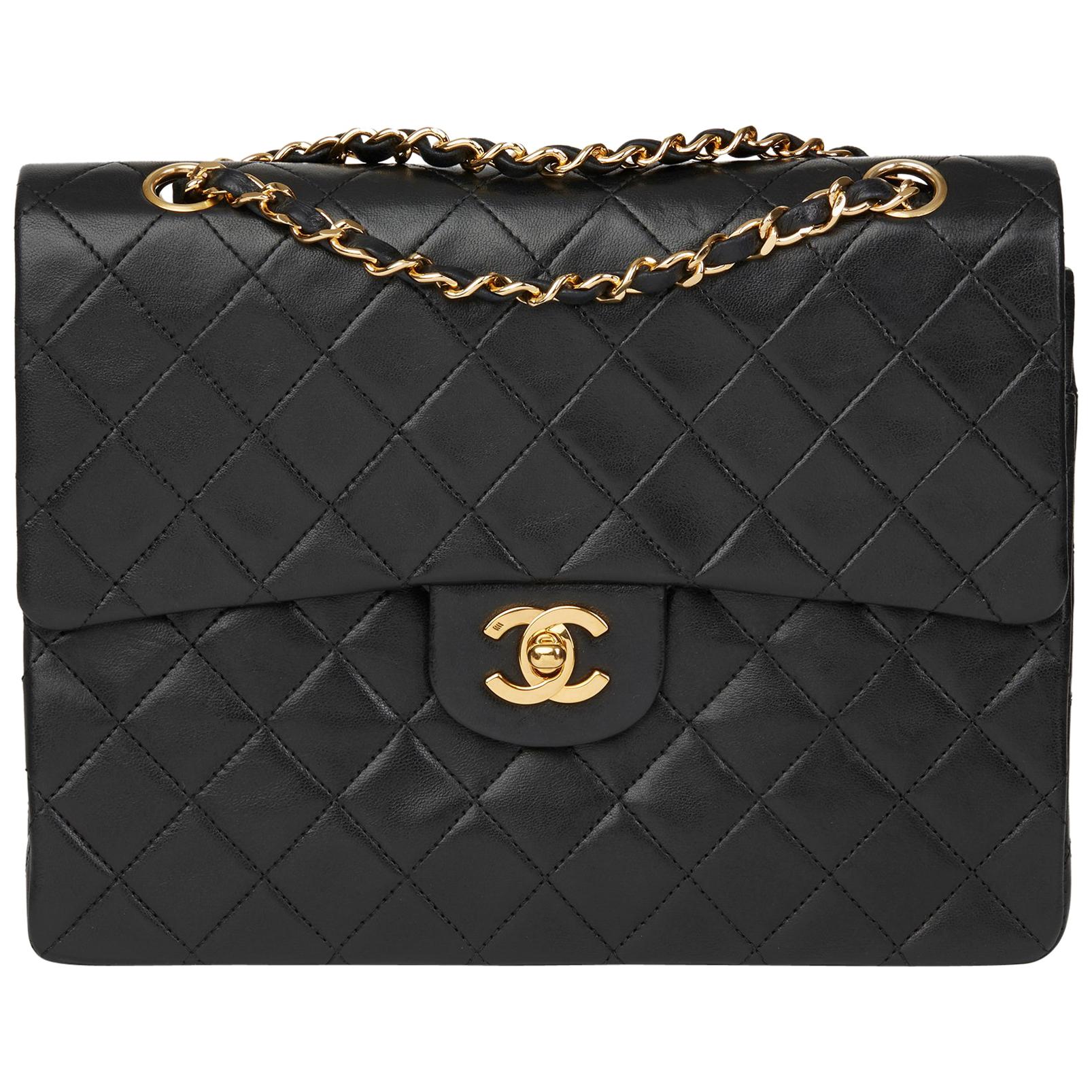 1990 Chanel Black Quilted Lambskin Vintage Medium Tall Classic Double Flap Bag