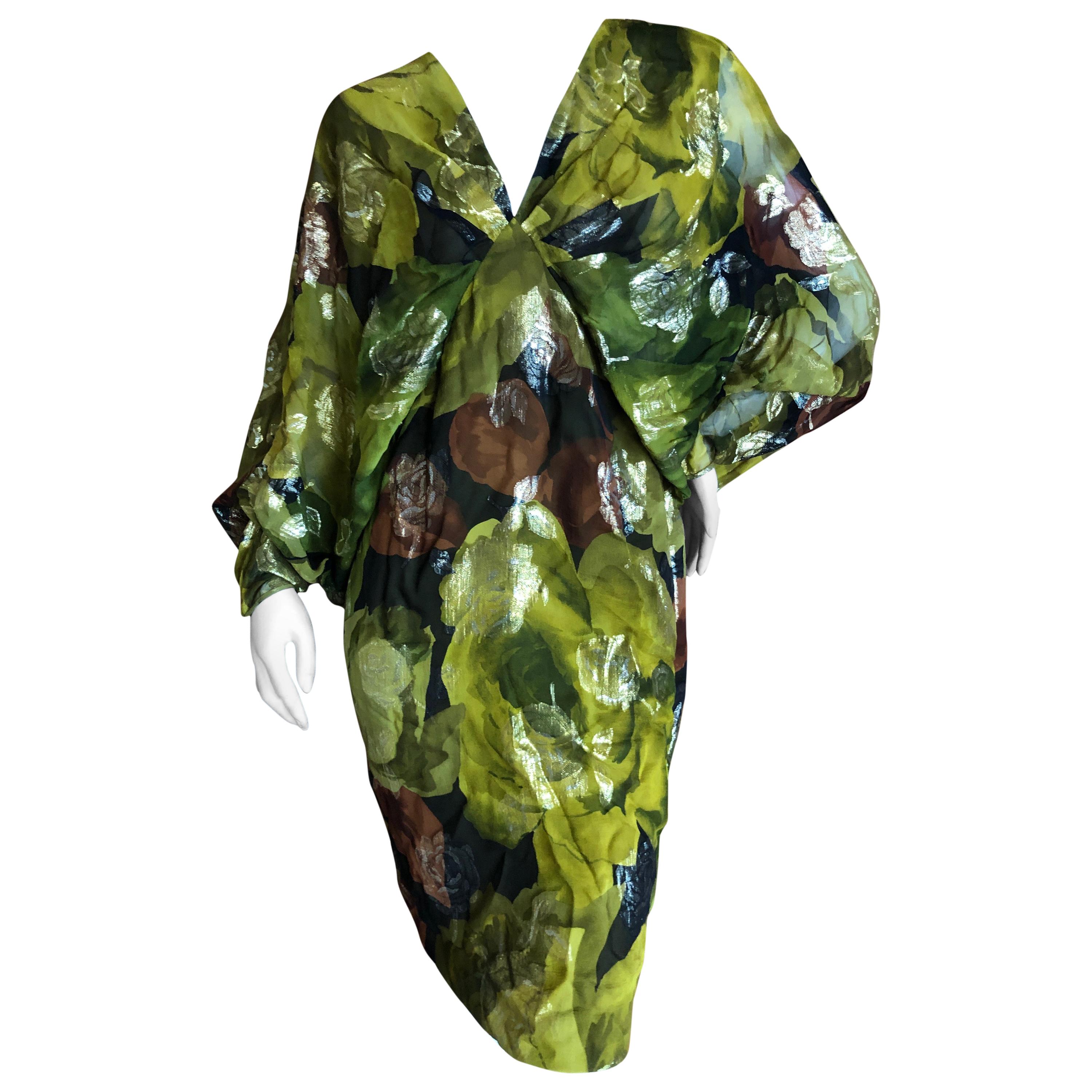 Galanos for I Magnin Green Silk Floral Cocktail Dress with Angel Wing Sleeves For Sale