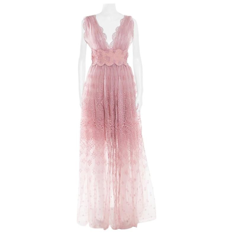 Ermanno Scervino Pale Pink Floral Lace Gathered Overlay Plunge Neck ...
