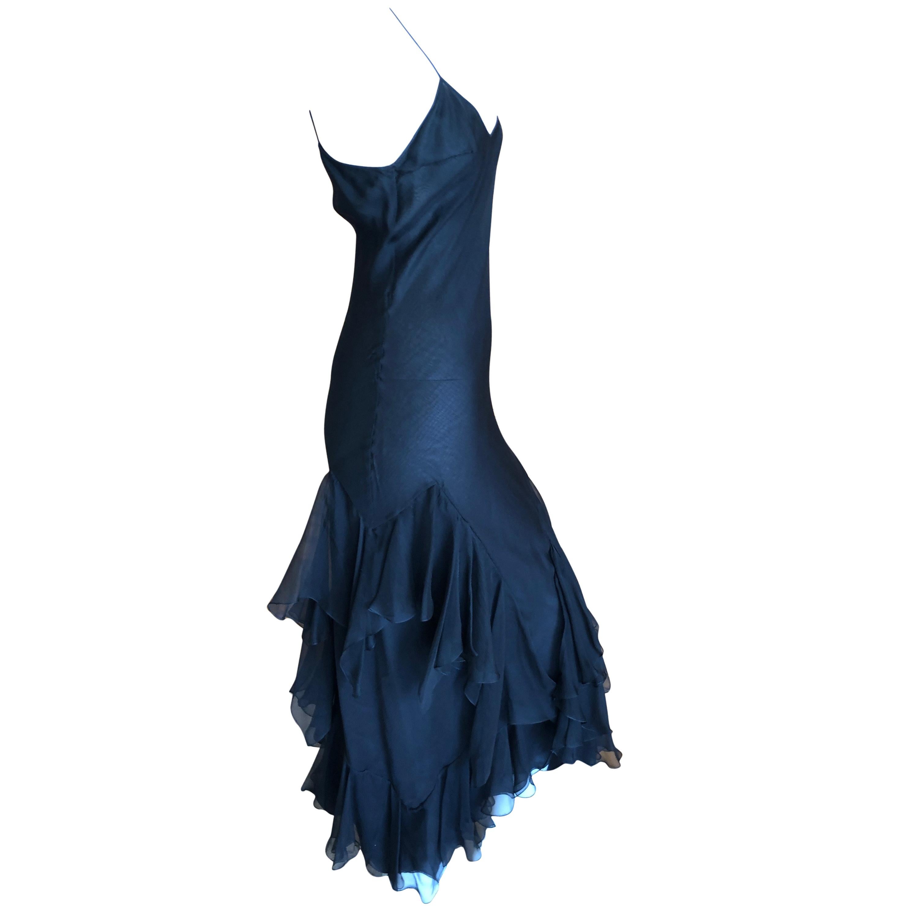 John Galliano 1990's Bias Cut Black Slip Dress with Flamenco Ruffles For Sale