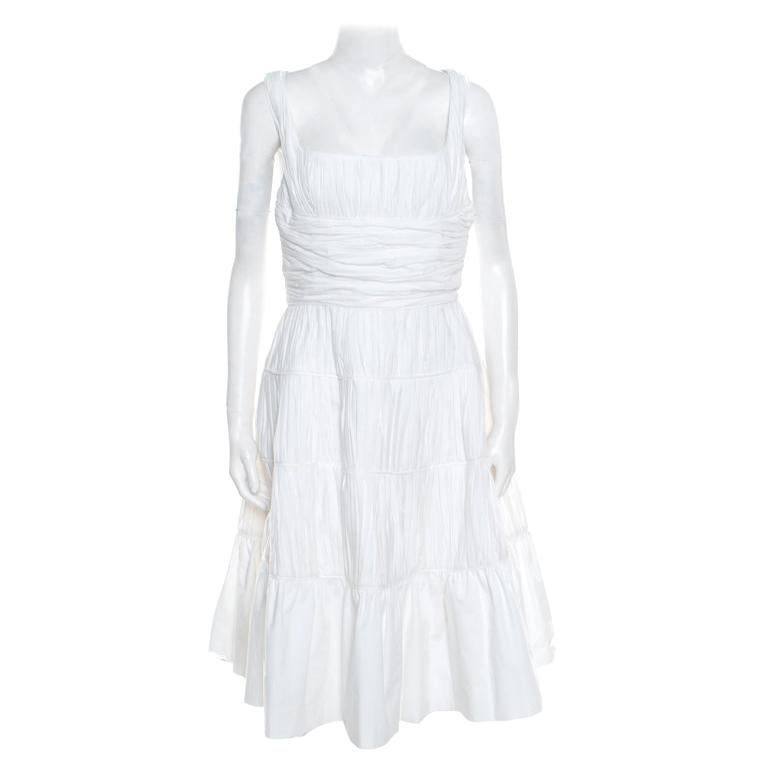 Rochas White Ruched Cotton Square Neck Paneled A Line Dress L