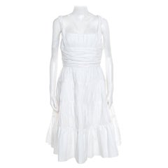 Rochas White Ruched Cotton Square Neck Paneled A Line Dress L