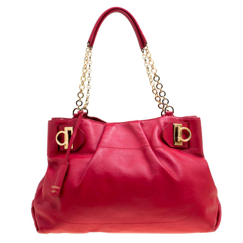 Salvatore Ferragamo Red Leather Chain Tote For Sale at 1stDibs