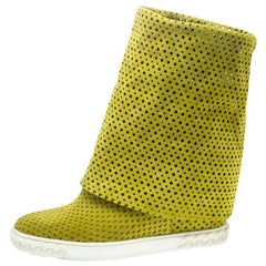 Casadei Lime Green Perforated Suede Wedge Boots Size 39