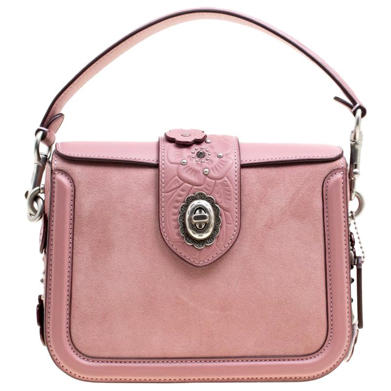 Coach Bubble Gum Suede and Leather Tea Rose Tooling Page Shoulder Bag