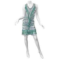 Roberto Cavalli Early 2000s Green White Snake Skin Reptile Silk Jersey Dress