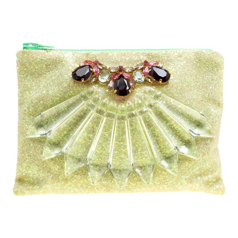 Mawi Lime Glitter Crystal Embellished Single Clutch