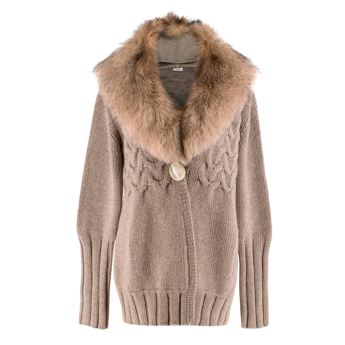 Agnona Brown Fox-Fur Collar Cashmere Knit Jacket US 8