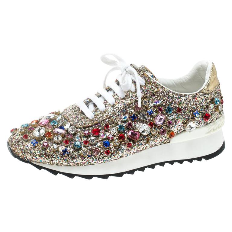 Casadei Multicolor Crystal Embellished Glitter Lace Up Sneakers Size 39 ...