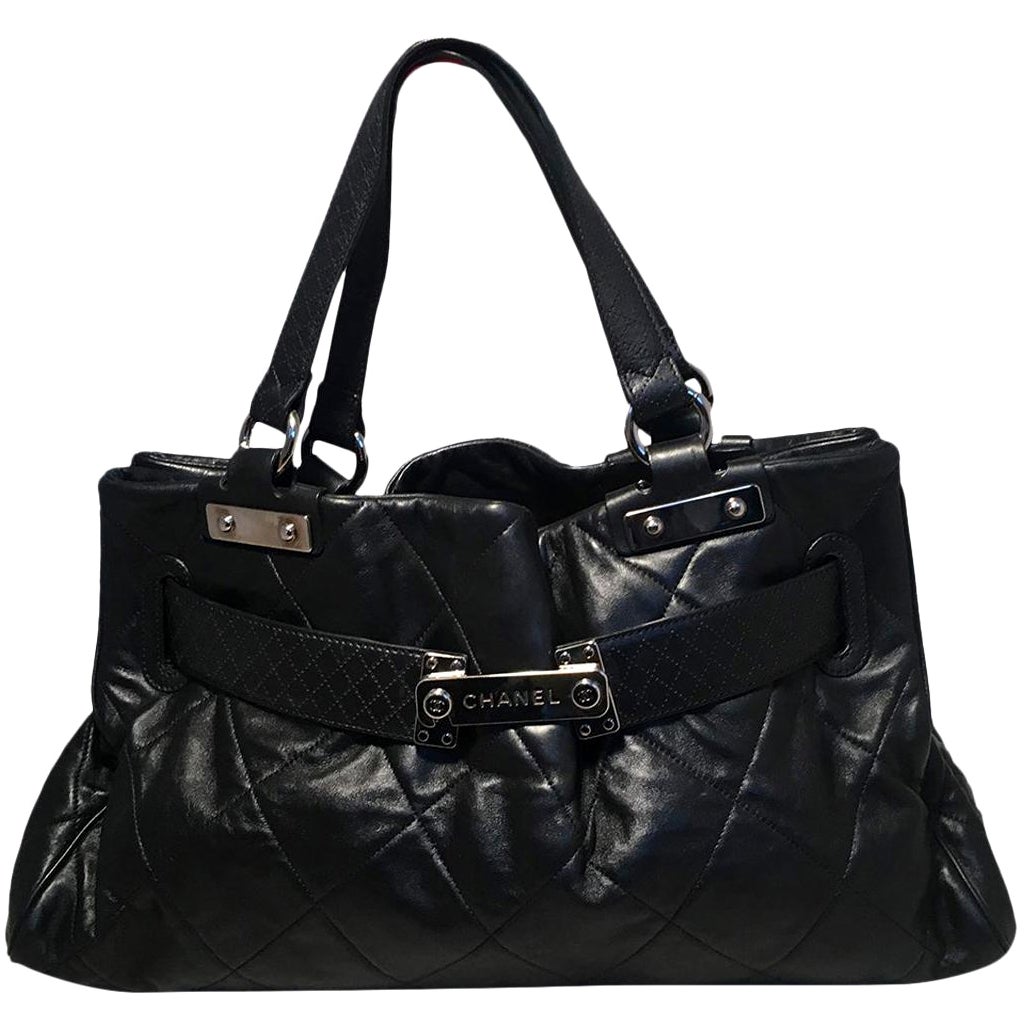 Chanel Quilted Black Leather Latch Front Tote Bag