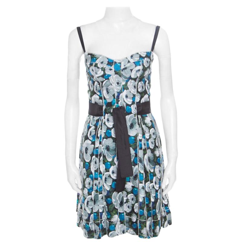 Louis Vuitton Floral Printed Silk Belted Pleated Bustier Dress S
