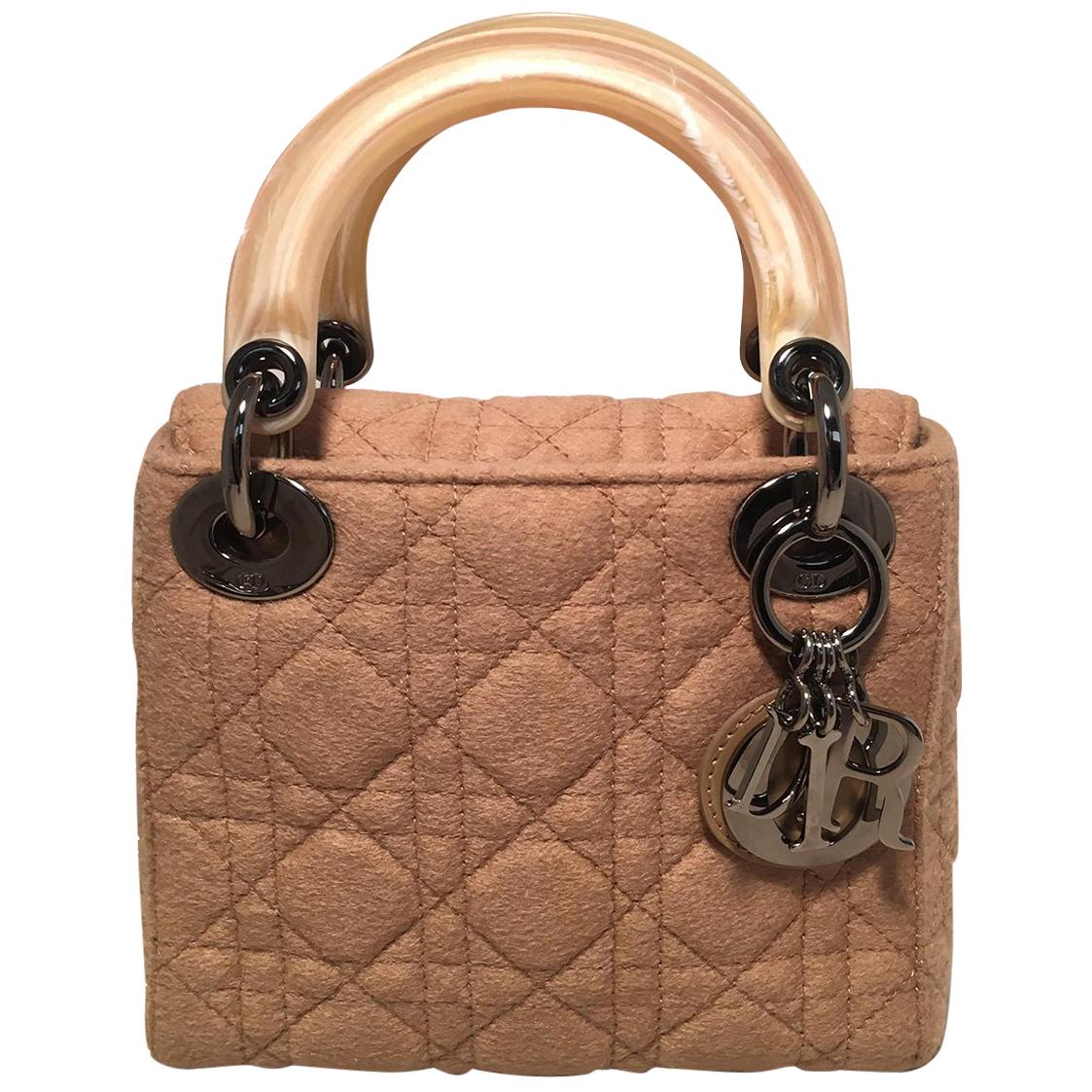 Dior Vintage Mini Lady Dior Tan Brown Wool Cannage Quilted Bag