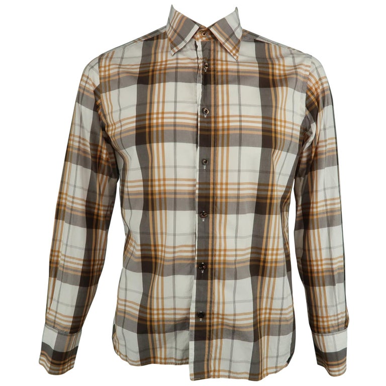 TOM FORD Size L Beige and Brown Gingham Cotton Spread Collar Long ...