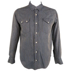 KAPITAL Size L Navy & Gold Stripe Cotton Snaps Long Sleeve Shirt