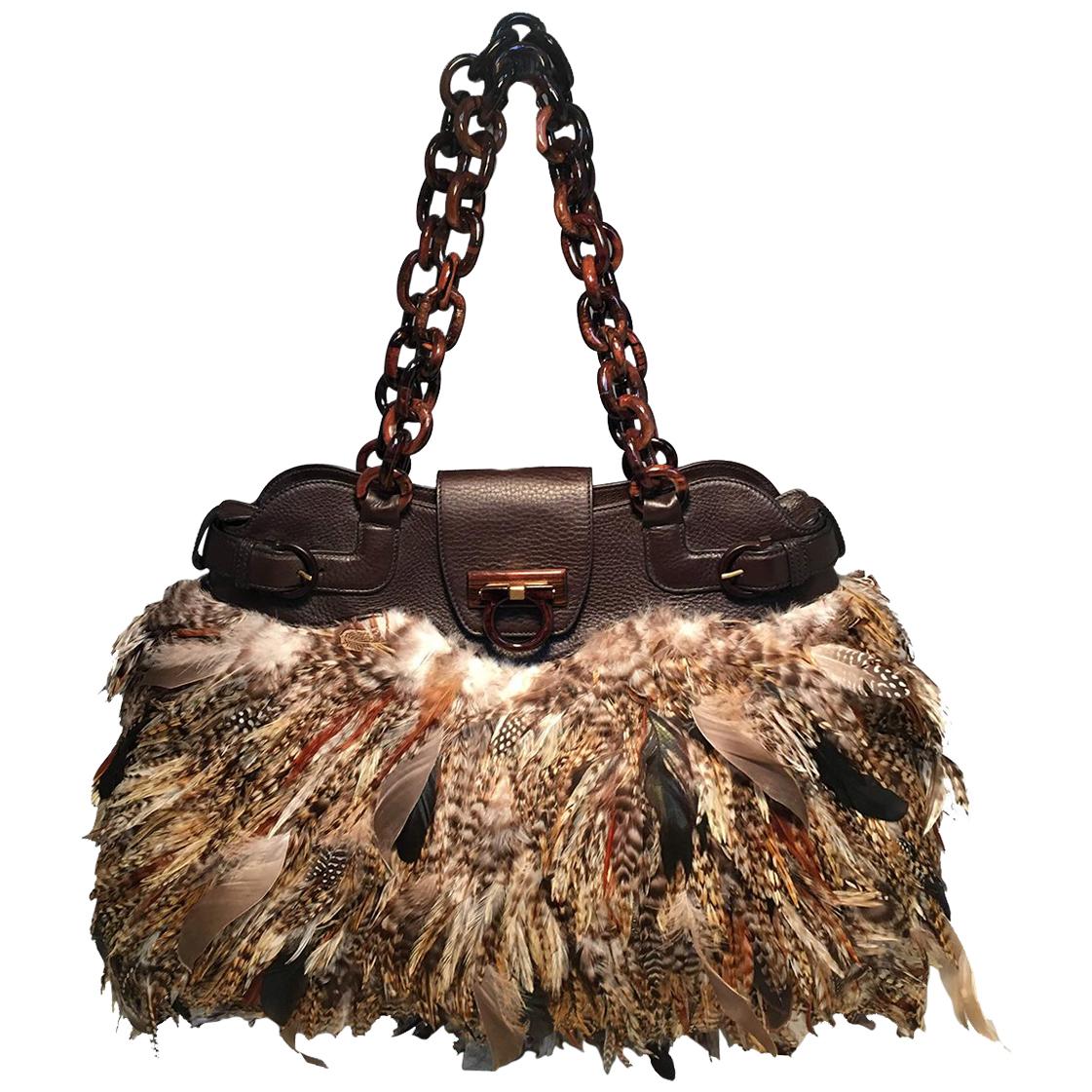 Salvatore Ferragamo Brown Leather Pheasant Feather Shoulder Bag Tote