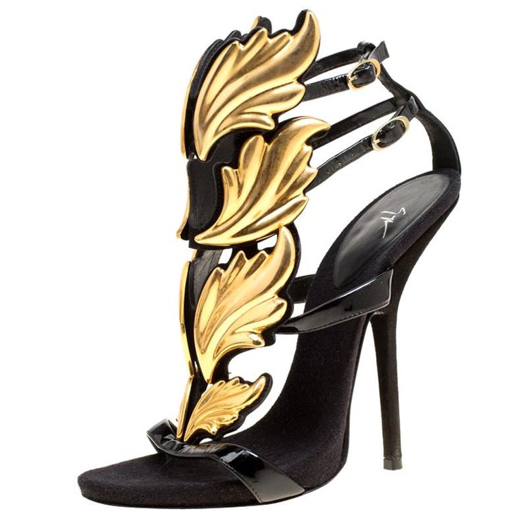 Giuseppe Zanotti Black Patent Leather Wing Embellished Strappy Sandals Size  38.5 For Sale at 1stDibs