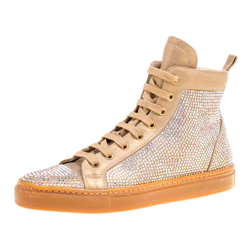Le Silla Beige Crystal Embellished Leather High Top Sneakers Size 37