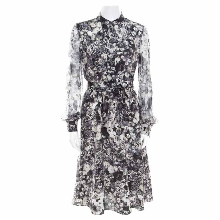 Lanvin Dark Grey Floral Printed Silk Belted Midi Dress S