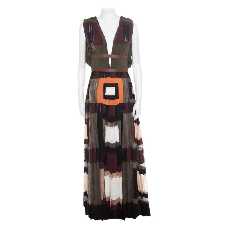 Valentino Colorblock Silk and Lace Paneled Leather Trim Plunge Neck Maxi Dress S