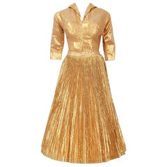 Vintage 1950's Anita Bari Metallic-Gold Lamé Collared Blouse & Pleated Skirt Ensemble 