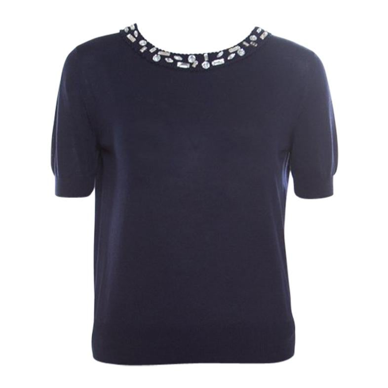 Christian Dior Navy Blue Cotton Silk Crystal Embellished Collar Sweater Top M