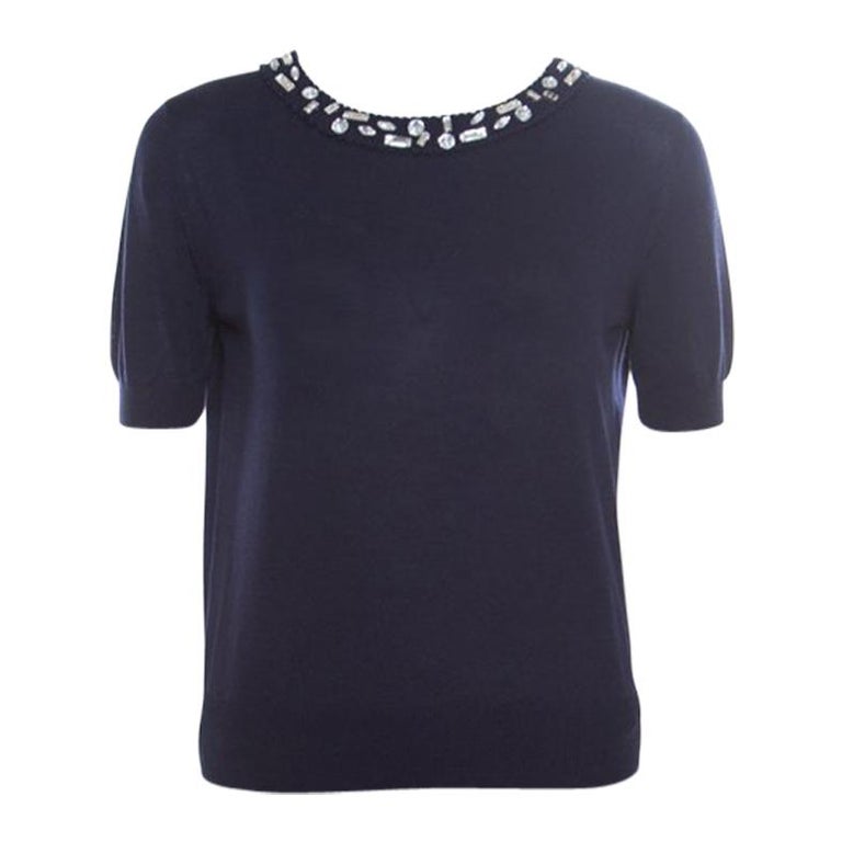 Christian Dior Navy Blue Cotton Silk Crystal Embellished Collar Sweater ...