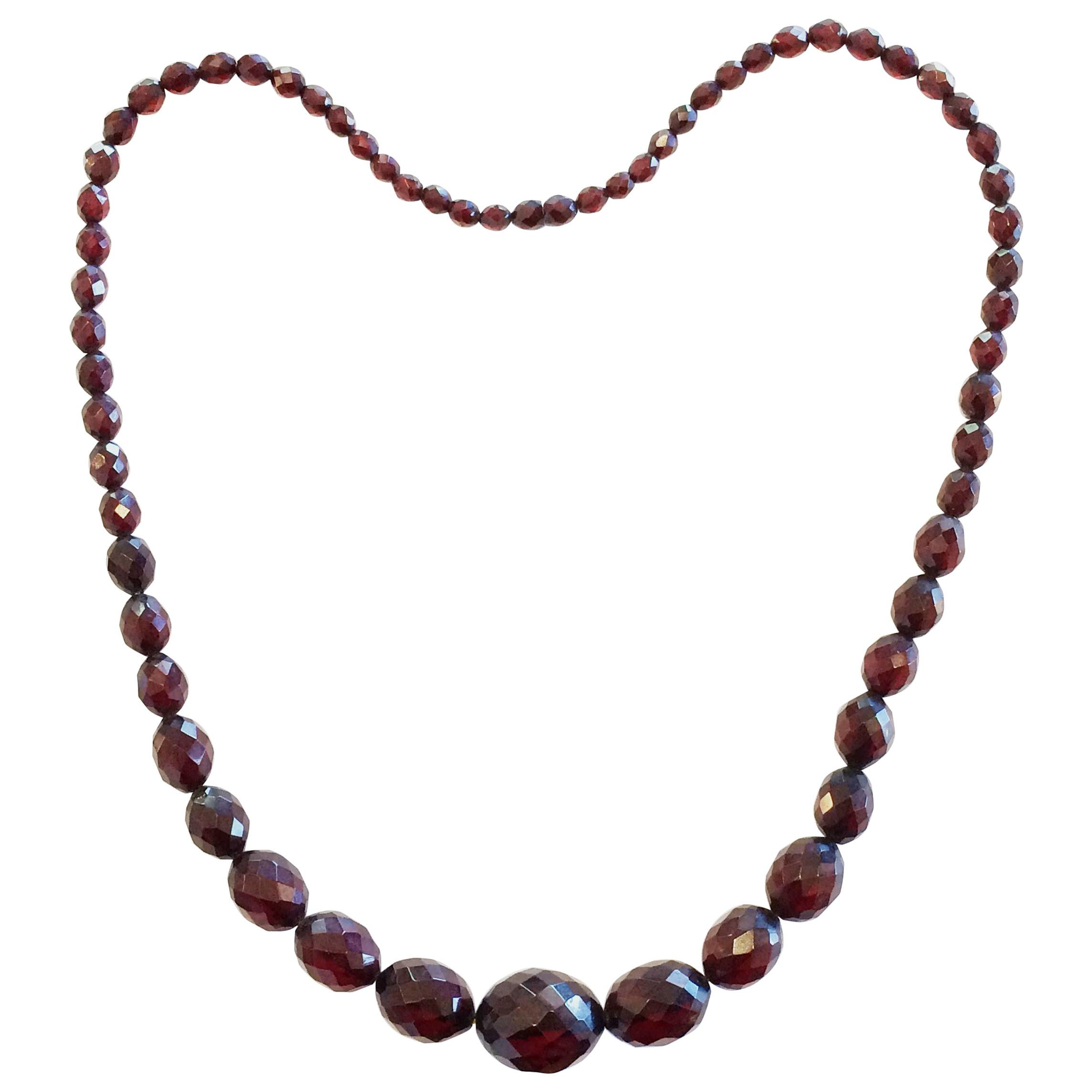 Long Art Deco Cherry Amber faceted bead necklace