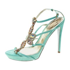 René Caovilla Mint Blue Suede Crystal Embellished Strappy Sandals Size 40