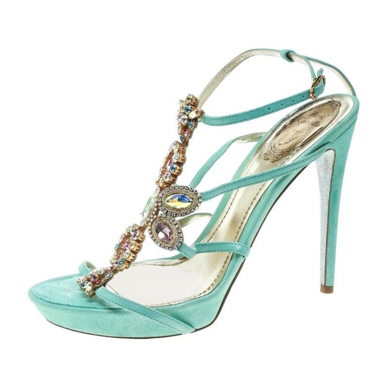 René Caovilla Mint Blue Suede Crystal Embellished Strappy Sandals Size ...