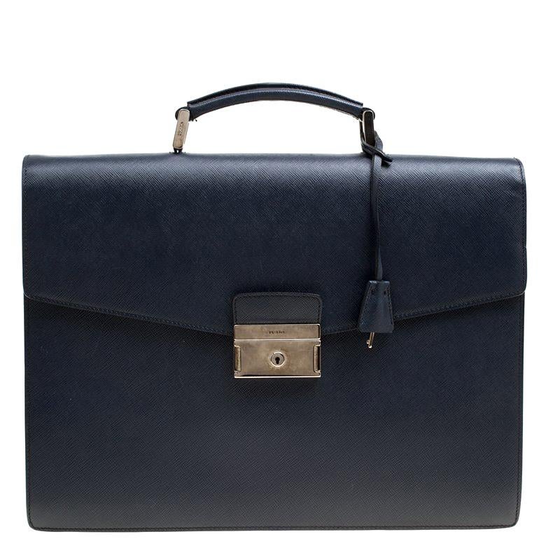 Prada Navy Blue Saffiano Leather Briefcase For Sale at 1stDibs