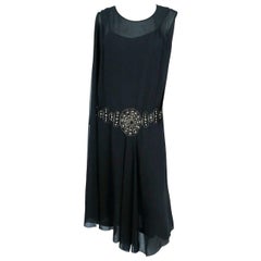 1920s Black Drop-waist Dress With Beading and Drape Accents