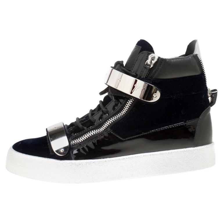 Giuseppe Zanotti Navy Blue Velvet Black Leather Coby High Top Sneakers ...