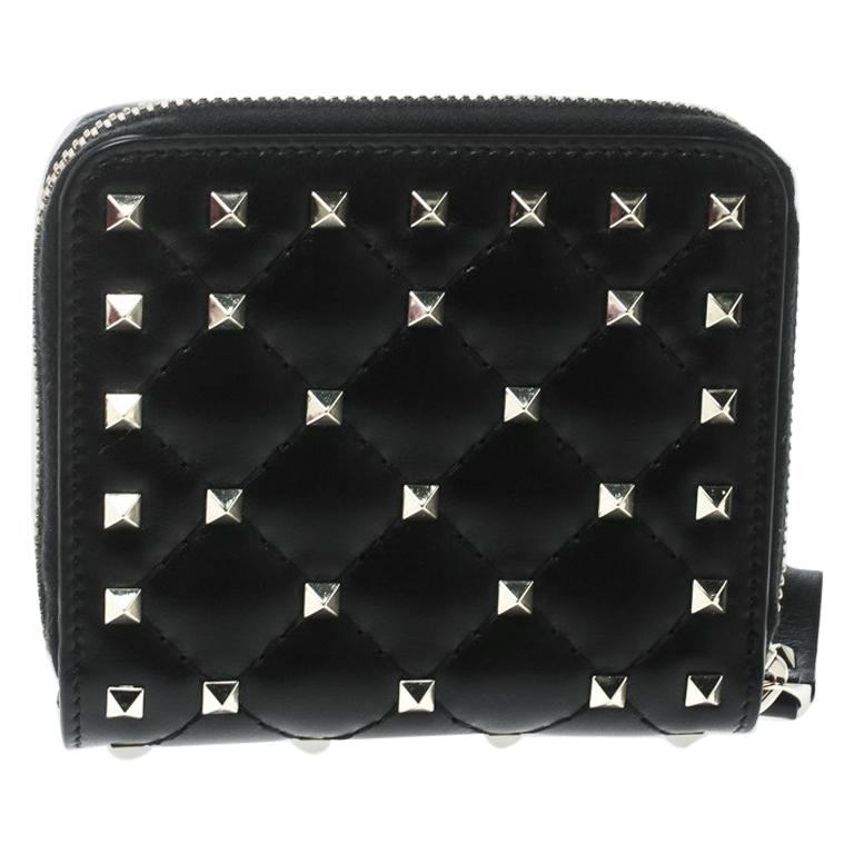 Valentino Black Leather Rockstud Zip Around Flap Wallet