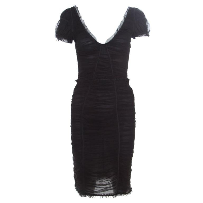 Dolce and Gabbana Black Stretch Cotton Tulle Ruched Plunge Neck Fitted ...