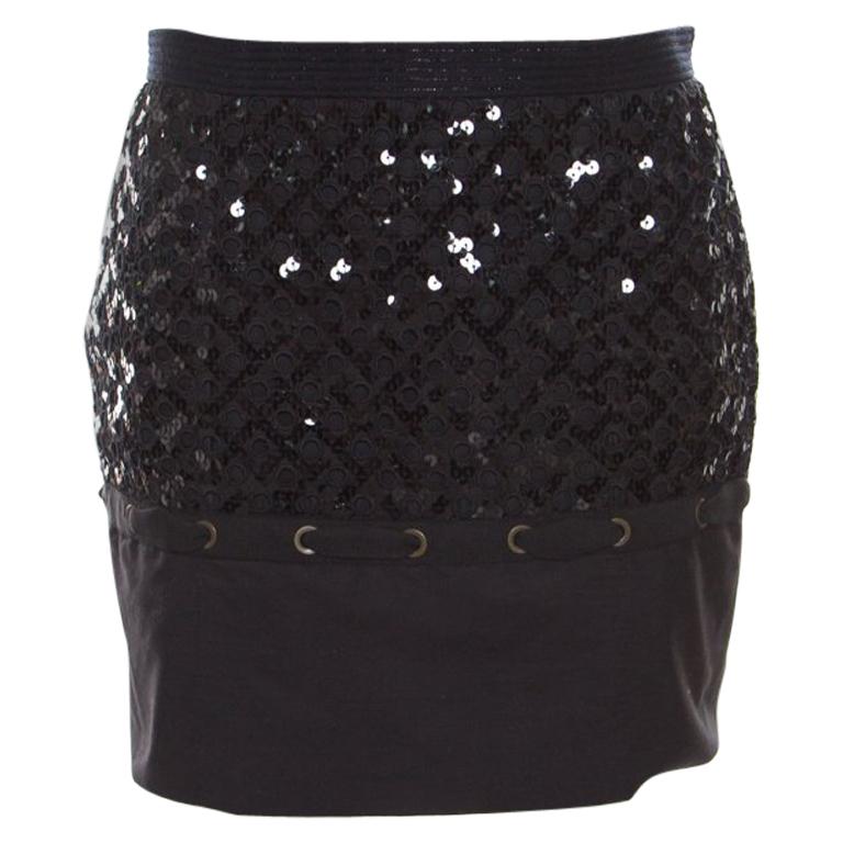 Louis Vuitton Black Sequin Grid Embellished Eyelet Lace Paneled Mini Skirt S For Sale at 1stDibs