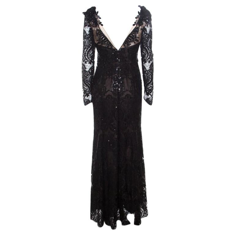 Notte By Marchesa Black Sequined Embroidered Floral Lace Gown S For ...