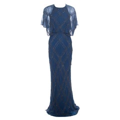 Jenny Packham Blue Embellished Silk Cutout Back Detail Blouson Gown M