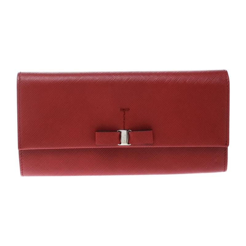 Salvatore Ferragamo Red Leather Vara Bow Continental Wallet