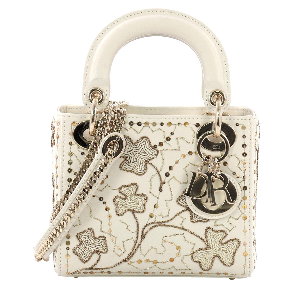 Christian Dior Lady Dior Handbag Embroidered Calfskin Micr