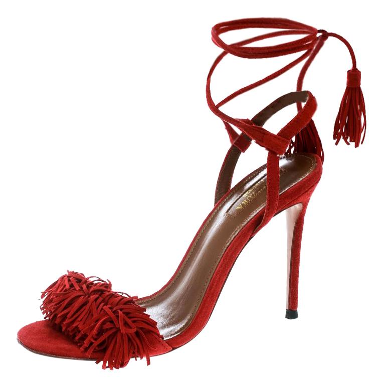 Aquazzura Red Fringed Suede Wild Thing Ankle Wrap Sandals Size 37 For Sale  at 1stDibs