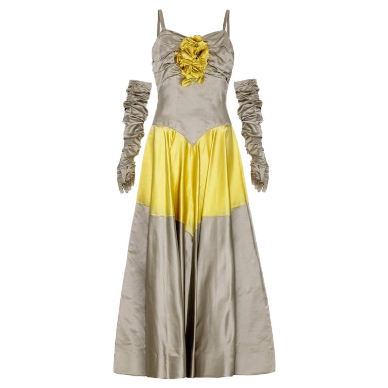 1950’s Grey & Yellow Silk Ballgown Dress With Gloves For Sale