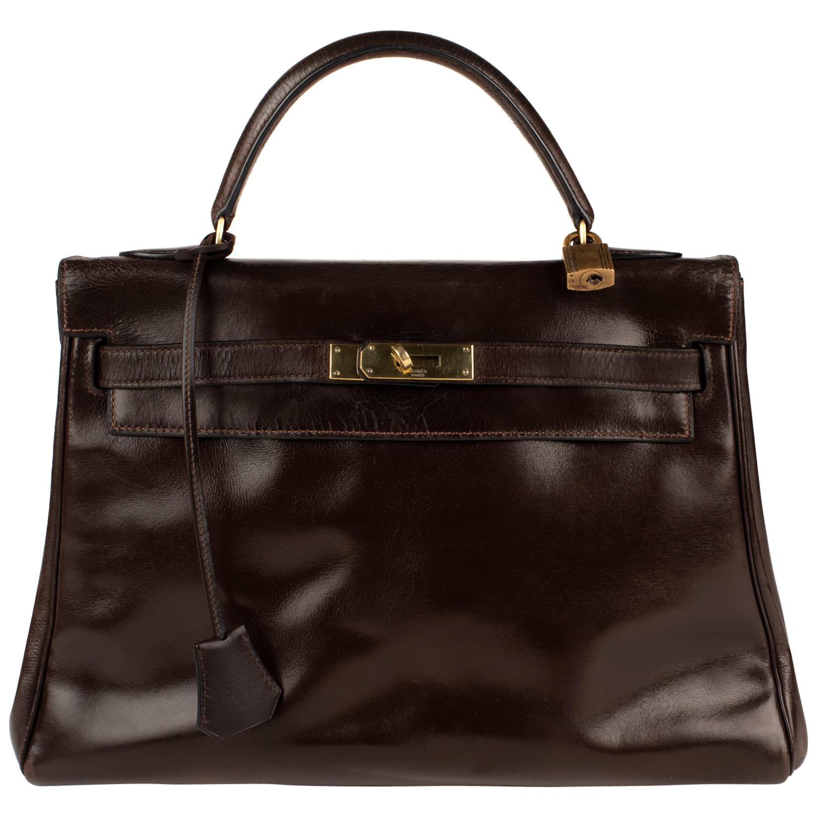 Hermes Kelly  Browm Box Leather Vintage Bag