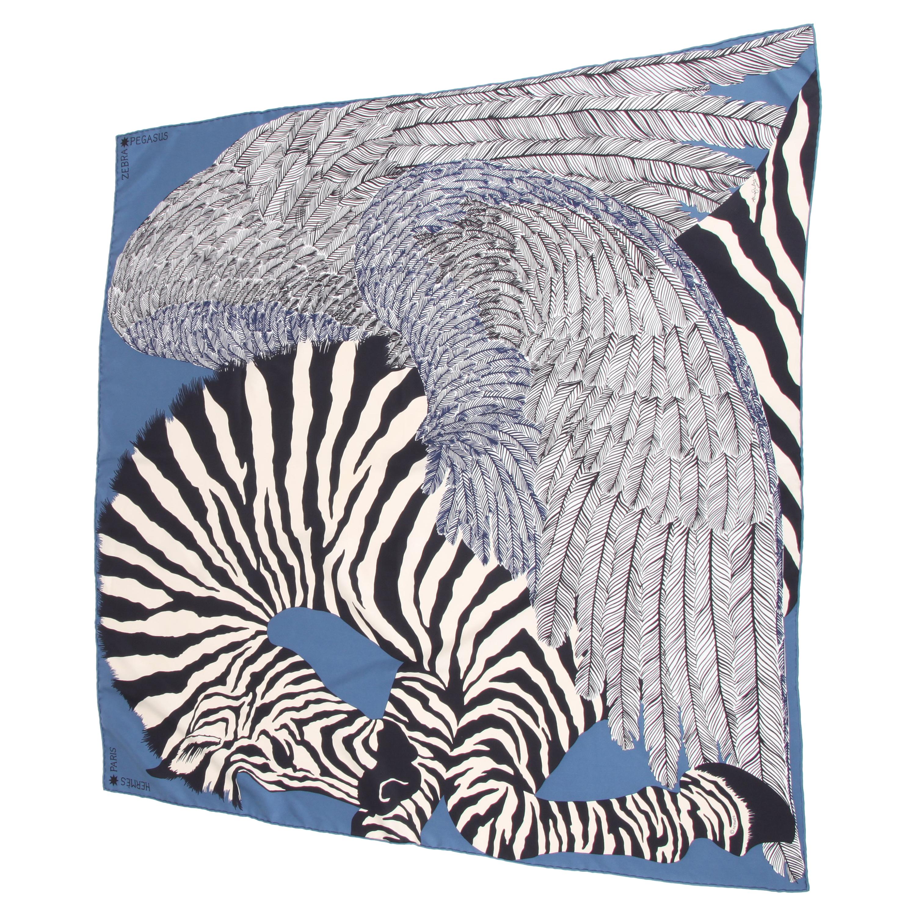 Hermes Silk Carre Scarf 'Zebra Pegasus' - black/blue/white
