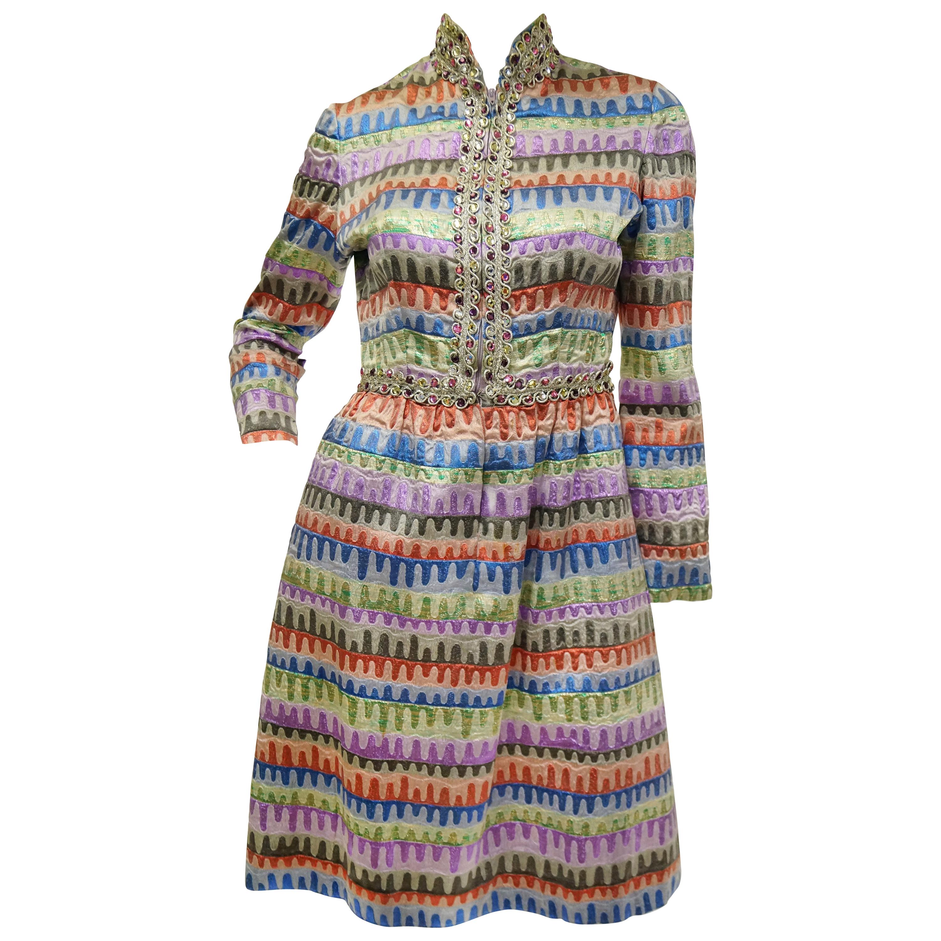 1960s Oscar de la Renta Rainbow Brocade Wave Cocktail Dress For Sale