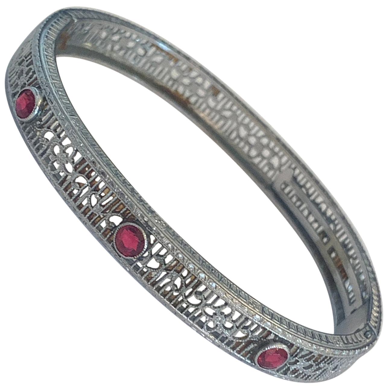 Art Deco Rhodium plated bracelet bangle with ruby paste stones