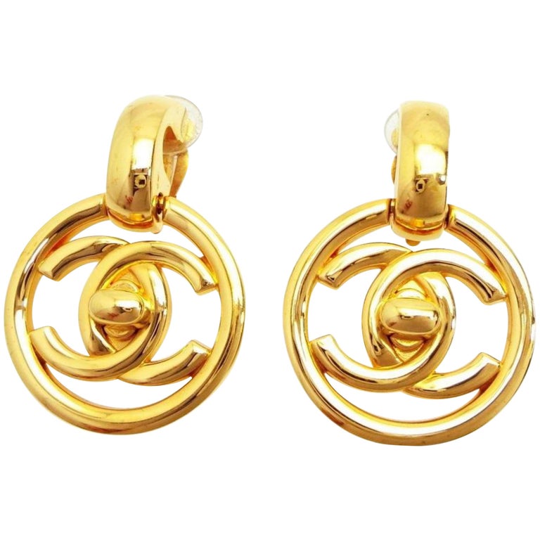 Chanel Gold (Ultra Rare) 97p Turn Lock Drop Dangle Earrings 234136 For Sale  at 1stDibs