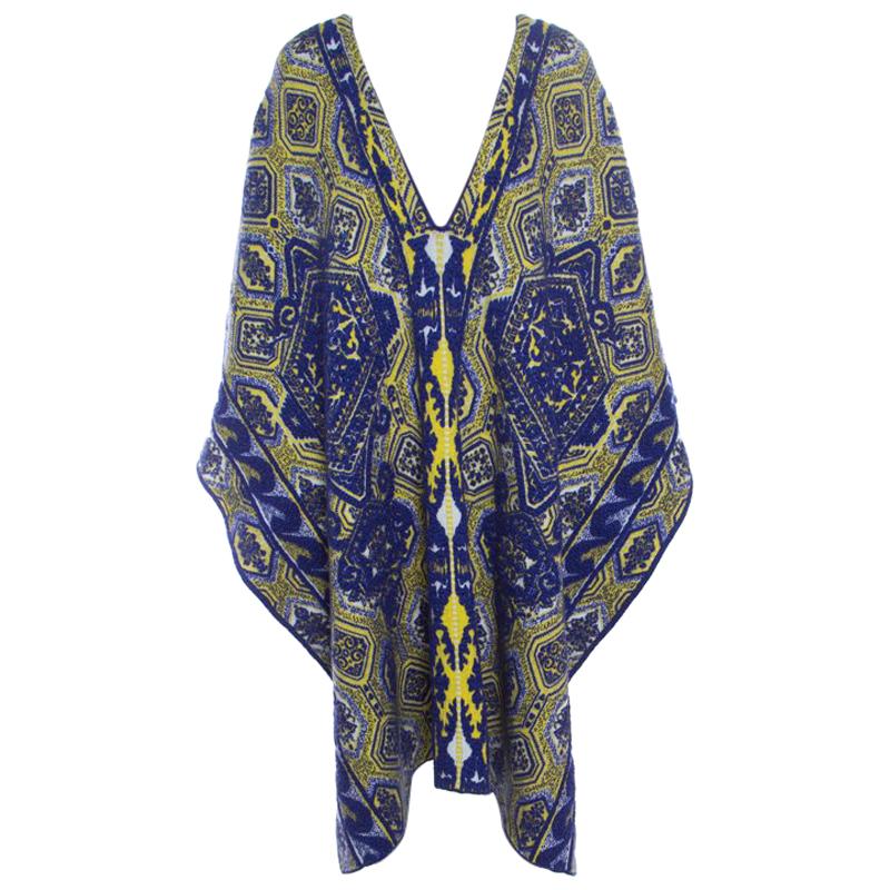 Emilio Pucci Blue and Neon Yellow Patterned Jacquard Knit Poncho S