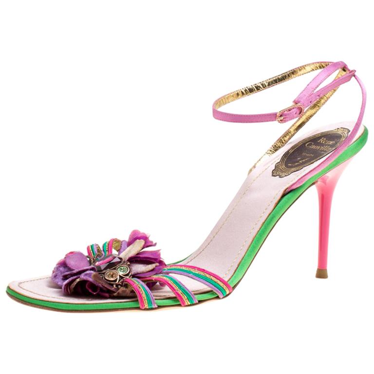 René Caovilla Satin Crystal Flower Embellished Ankle Strap Sandals Size ...